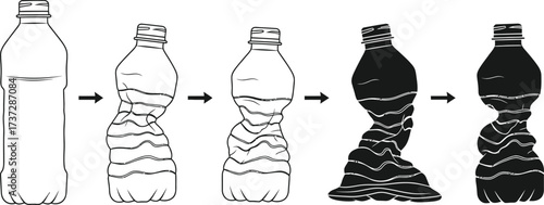 Stages of Crushing Plastic Bottle with Arrows on White Background Line Art