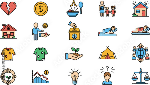 Flat Style Charity and Social Welfare Icons Collection with Outline Detail