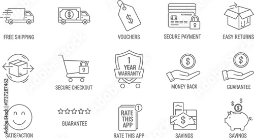 Thin Line Art Icons Set Featuring Shipping, Payment Security and Customer Satisfaction