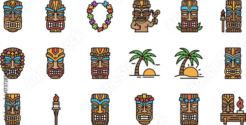 Detailed Line Art Tiki Mask and Hawaiian Culture Elements Icon Set