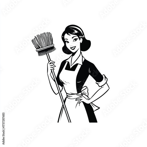 Retro style cleaning lady holding a broom for cleaning service advertisement concept illustration
