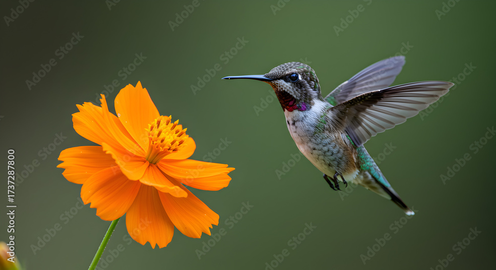Fototapeta premium Hummingbird hovering beside a vibrant orange flower, wings blurred in motion, capturing a delicate moment in nature