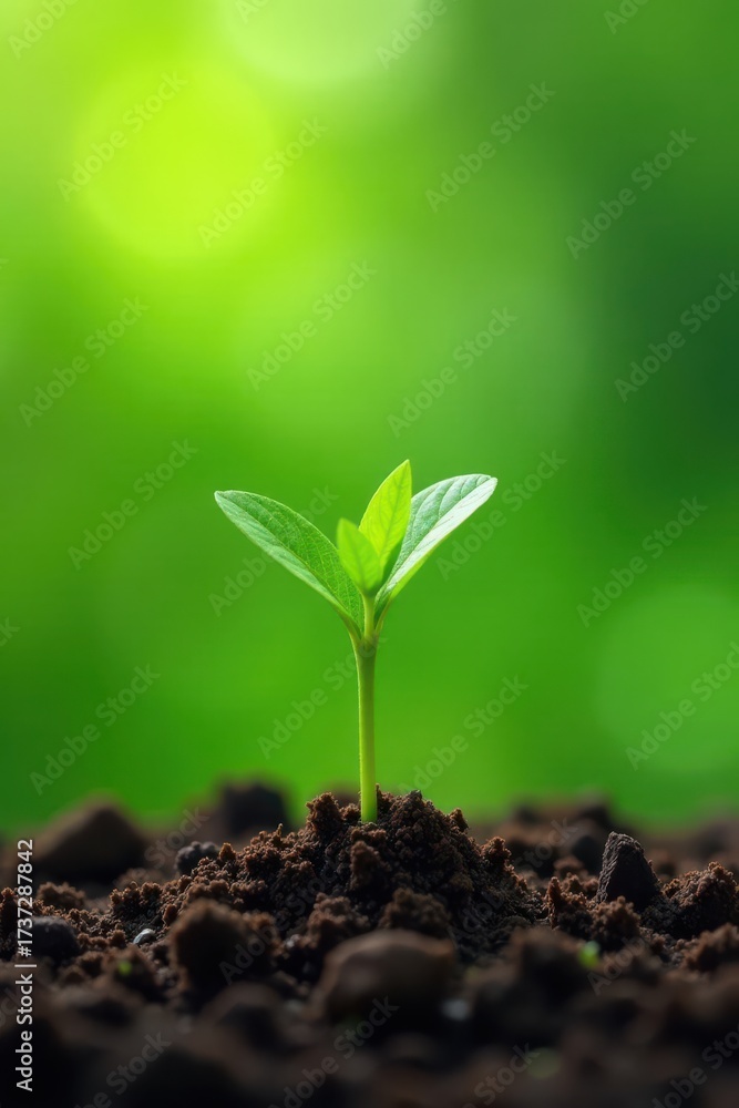 Naklejka premium Delicate young plant pushing through soil, lush green backdrop , seedling, texture