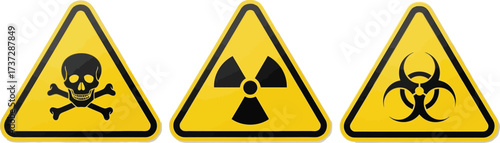 Trio of Yellow Triangle Hazard Sign, Radiation, Biohazard and Poison Icons Isolated