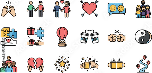 Flat Line Style Friendship and Relationship Symbol Sign Icon Collection