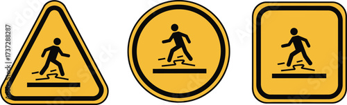 Uneven Surface Sign Set, Man Silhouette Walking over Obstacles Warning Icons, Yellow