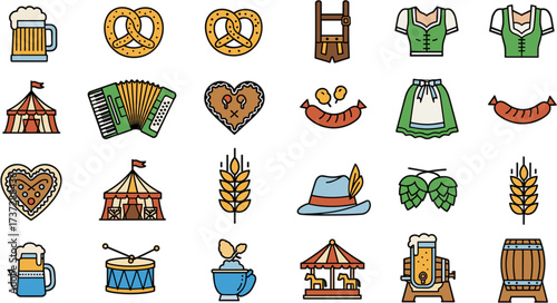Colorful Flat Oktoberfest Celebration Elements Icon Set for Festival Design
