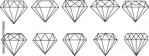 Various Diamond Facet Designs on White Background Showcase Different Cutting Styles