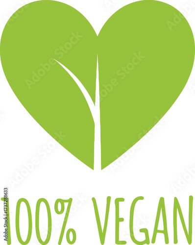 Vegan Label Icon Heart Shape with Stem, Green Color, Signage with 100% Vegan Text