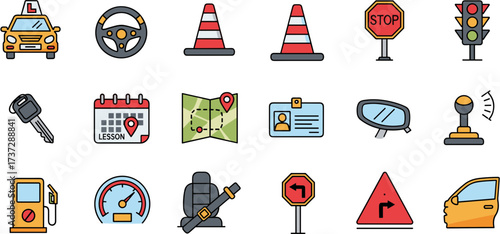 Detailed Flat Driving School Element And Object Colorful Icon Set