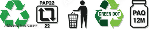 Waste Sorting Pictograms Standard Recycle Symbol, PAP22 Logo, Throwing Trash Icon