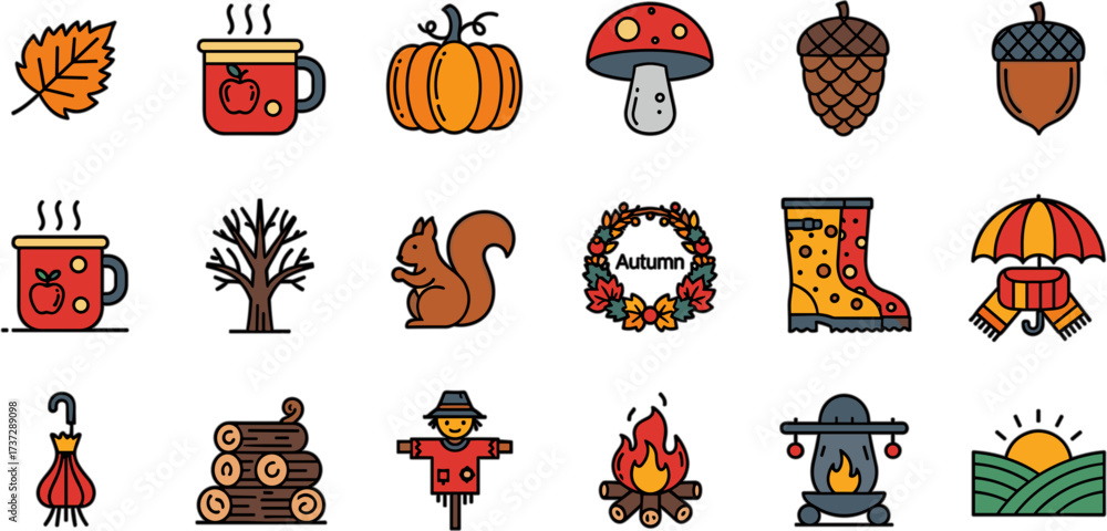 Fototapeta premium Line Art Illustration Set of Autumn Harvest Icon Element Collection