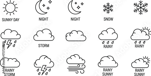 Weather Icon Set Line Art Sun, Moon, Stars, Snowflakes, Clouds, Rain, Lightning, Wind