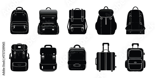 Set of various types of backpacks and suitcases in black silhouette on white background for travel needs and education