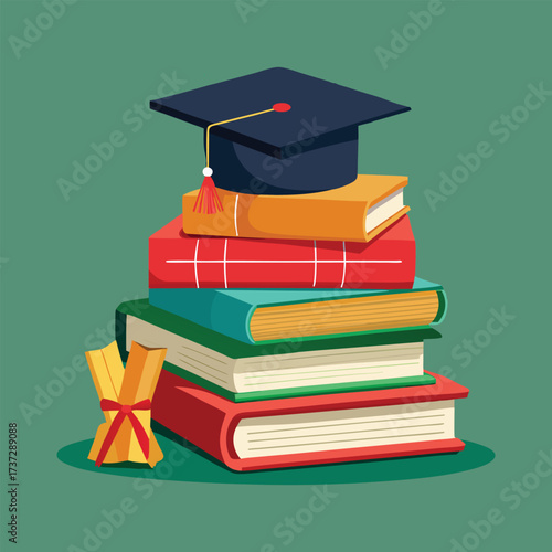 a graduation cap and books on a green background