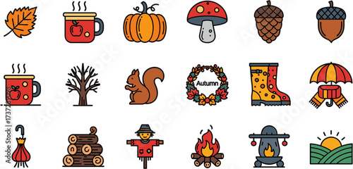 Line Art Illustration Set of Autumn Harvest Icon Element Collection