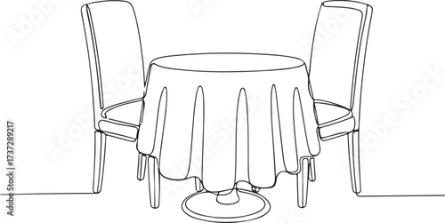 Line art of a round table with two chairs and a tablecloth