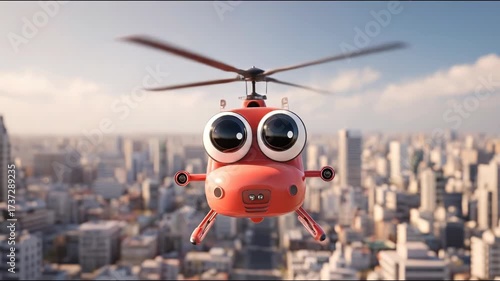 Red cartoon helicopter flies over city