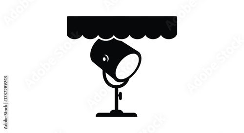 Simple black and white illustration of a vintage style microphone with awning