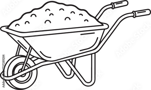 Line drawing of a wheelbarrow filled with dirt garden
