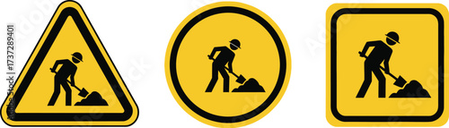 Yellow Warning Signs with Worker Digging Silhouette in Triangle Circle Square Shapes