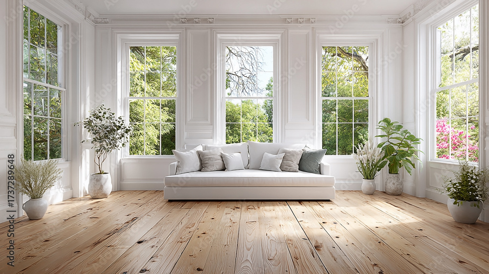 Fototapeta premium Bright, spacious living room evokes calm with natural light.