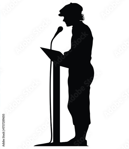 Silhouette of a man giving a speech at a podium with microphone reading notes public speaking event concept