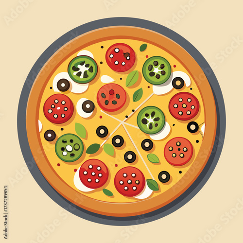 An illustration of a delicious, hot Italian pepperoni pizza with salami, cheese, and tomato on a white background