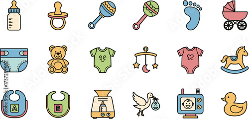 Cute Outline Handdrawn Newborn Baby Related Object Icon Set Illustration
