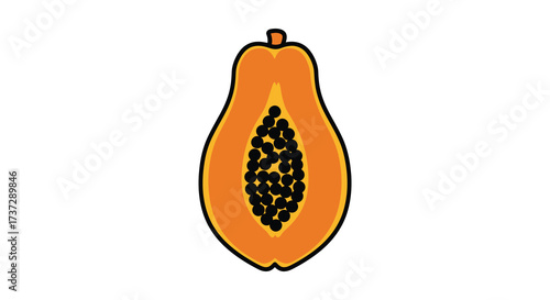 A colorful illustration depicts a halved papaya with visible black seeds