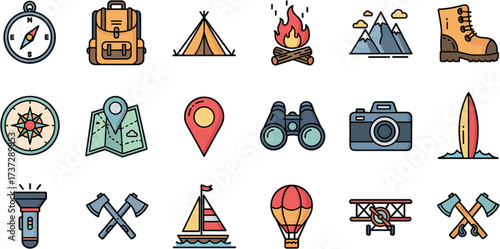 Modern Flat Design Adventure and Travel Icon Set for Outdoor Activity