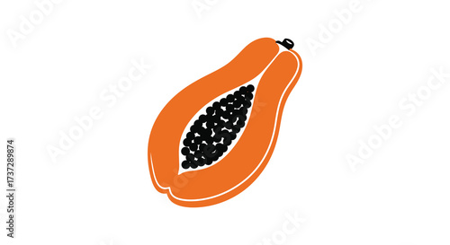 A vibrant illustration of a halved papaya fruit with visible seeds