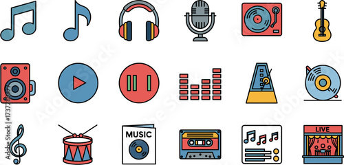 Creative Flat Line Style Music Instrument and Audio Equipment Icon Set