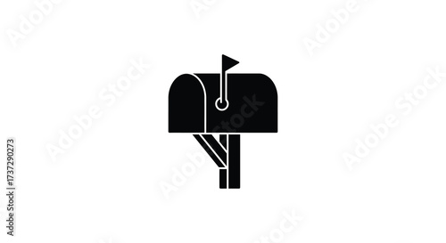 Simple black and white illustration of a classic mailbox with flag