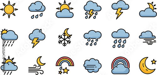 Colorful Line Weather Condition Icon Set with Various Atmospheric Elements
