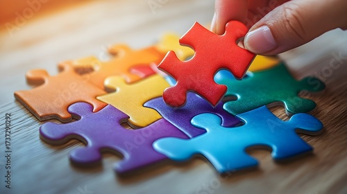 Hand placing a red puzzle piece into a colorful jigsaw puzzle.
