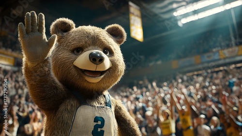 A cheerful bear mascot waves to a cheering crowd at a basketball game.