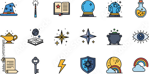 Flat Outline Magical Elements Icon Set for Fantasy and Witchcraft