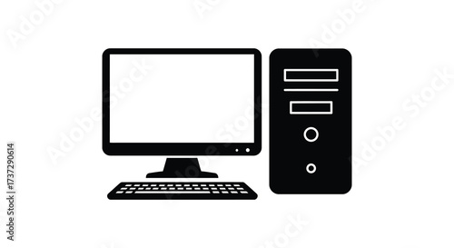 Simple black and white illustration of a desktop computer setup