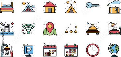 Colorful Line Style Hotel and Travel Related Symbols Icon Set