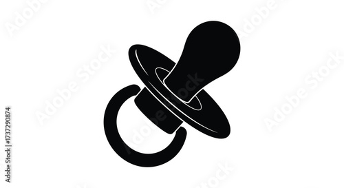 A simple black and white silhouette of a baby pacifier isolated on white