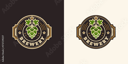 Logo, illustration of the craft brewery, sales and production of beer and other beverages with hops. Round emblem with hops and stars. Vintage, retro style design.