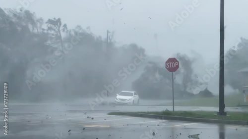 Violent hurricane-force winds sweeping up debris and hitting cars.
