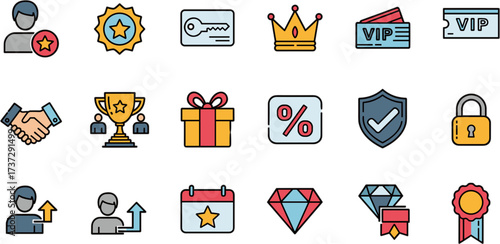 Colorful Outline Loyalty Program and Reward System Element Icon Set