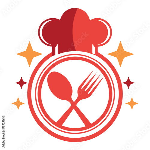 Red chef hat with crossed fork and spoon inside a circle surrounded by stars cook cooking