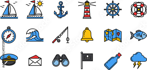 Modern Outline Nautical and Maritime Element Icon Set with Black Strokes