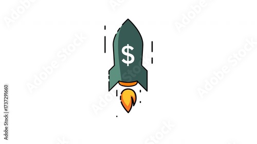 Economic growth animation propels the rocket with a dollar sign symbol towards financial success and prosperity.