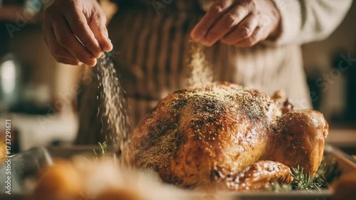 Hands sprinkle seasoning over a perfectly baked whole chicken, highlighting the art of home cooking. The inviting atmosphere emphasizes comfort and flavorful food preparation