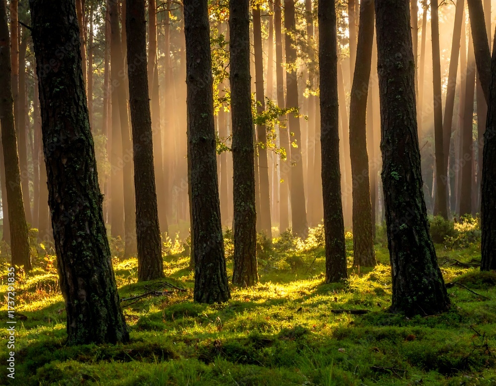 Obraz premium Sunlight Filtering Through Forest Trees.