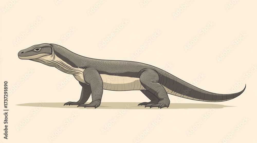 Fototapeta premium 57.A detailed clipart design featuring a Komodo dragon in a side profile, showcasing its scaly texture and muscular build, with a neutral color palette emphasizing realism, ideal for wildlife